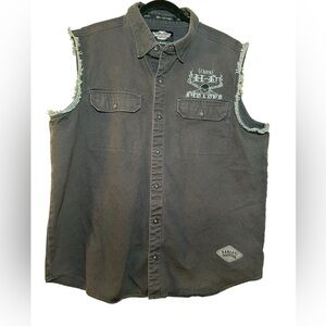 HARLEY DAVIDSON Sleeveless Button Up Faded Black Men 2XL Skull Logo Biker Shirt
